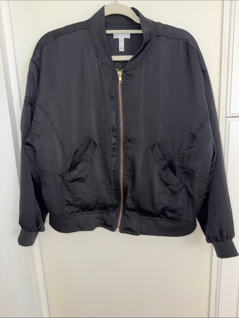 Leith Black Satin Silk look Bomber Jacket with Gold Zip | XS